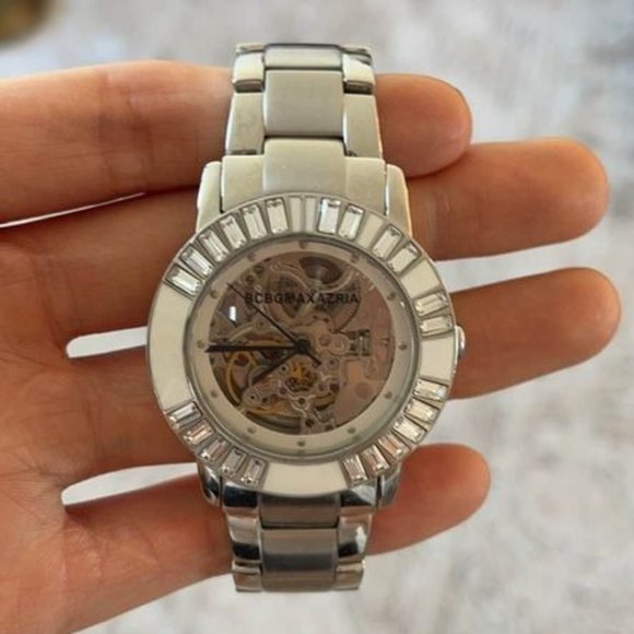 37 mm Silver BCBG Rhinestone Skeleton Watch - Picture 1 of 3
